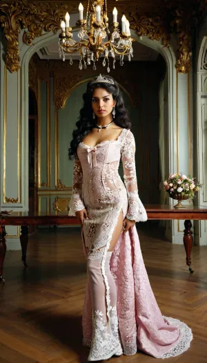 Super realistic, super quality, super detailed. Indian girl, 25 yo, hazel eyes, black wavy hair, in a rich old baroque palace, flower decoration, full body shot byrs, jewelry, dress, long, sleeves, hair, ornament, earrings, necklace, lace, tiara, choker, bow, lace-trimmed, <lora:春时花宴 XL:.8>