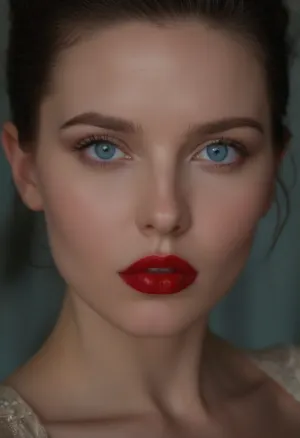 (27yo), (tight face closeup, focus on eyes:1.8), (mesmerizing pale blue eyes, shocking red lipstick, glistening lips, moist lips, flawless creamy pale skin:1.6), (dark brunette hair, long sleek hair, silky hair), (cozy bedroom), (large expressive eyes, innocent wide doe eyes), (soft flirty smile, full lips, soft lips), (soft breasts, cleavage, flattering vintage dress:1.4), Stable-Yogis-Makeup-Enhancer-XL, (alexdadd:1.4), <lora:alexdadd:1.2>