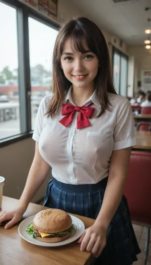 ((perfect body proportion)), Busty girl, plump girl, Fastfood restaurant, full school uniform, (obvious school emblem), thin clothes, translucent clothes, hint of erected nipples, welcoming smile, long bob hair, bangs, blushing, (realistic burger)