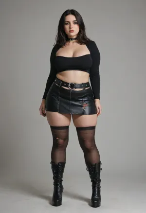 tall chubby plump ssbbw woman, 50 years old, large soft plump belly, masive saggy breats, goth, long straight black hair, wearing a black cordet, black black mini skirt, ripped fishnet stocking, supender belt, knee high high heel boots