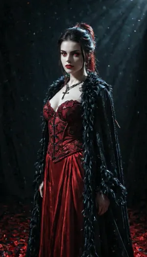 Regal female vampire countess, tall, (pale porcelain skin:1.5), (long black hair), (elegant fancy updo hairstyle), ruby-red eyes, crimson lips, blood-red velvet gown with corset, black cloak, ruby jewelry, inverted silver cross, alluring yet dangerous, dark sapphic glamour, gothic, realistic, dramatic lighting., hkstyle, <lora:hkstyleV5:.8>, <lora:dark:.8>