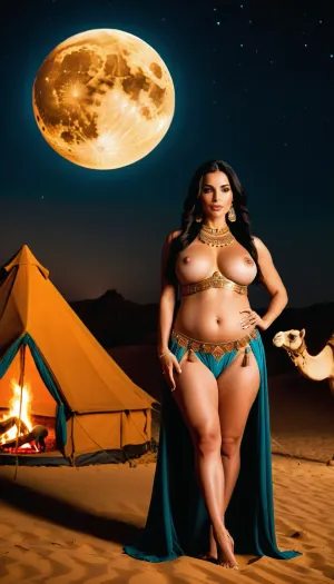 High-quality, highly detailed, cinematic, 8K, HD photo, MASTERPIECE.
Inspired by Disney's Princess Jasmine, very sexy, very sensual, 35-year-old woman, pale white skin, MILF, long, straight, loose black hair to her waist, chubby, (plump, thin waist), medium breasts, pink areolas, erect nipples, shaved vagina, thick and soft thighs, rounded butt, perfect butt, transparent belly dancer outfit, gold choker, (((nomadic camp tent, campfire, camels, sand, desert, moonlit night, mega full moon))), perfect breasts, transparent