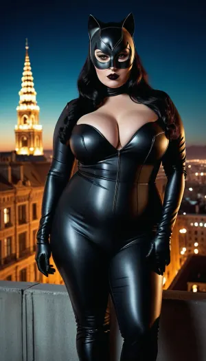 Extremely high-quality, highly detailed, cinematic, 8K, HD photo, MASTERPIECE.
Plump Catwoman, (chubby, thin waist), very long black hair, thick and soft thighs, villain, pale white skin, (black leather catsuit), (deep neckline), ((large breasts)), exaggerated features, elegant lines, on top of a building, emphasizing curves, determined look, cat-themed mask.