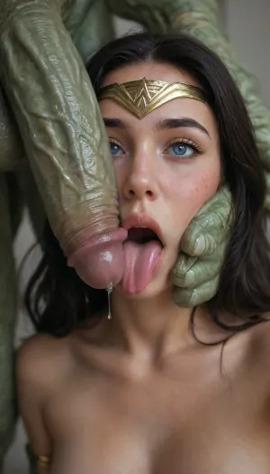 score_9, score_8_up, score_7_up, realistic, photorealistic, raw photo, highly detailed skin, masterpiece, best quality, close-up shot, extreme close-up, 1girl, (wonder woman:1.2), diana prince, beautiful face detailed, black hair disheveled, blue eyes with heart-shaped pupils, heavy blush, sweat, drool, tongue out long reaching for cock, ahegao, lustful worship, submissive expression, cock on cheek, giant monster cock rubbing on cheek, penis pressed against face, cheek bulge from penis pressure, skin contact, glossy precum smear on cheek, precum trail, enormous monster cock dominating frame, huge veiny penis, thick shaft, massive girth, ridged alien texture, glistening with cum and juices, precum dripping, size difference extreme, towering over face, 1boy partial view, monstrous alien creature, green skin, tentacles visible, rope bondage visible, hands tied behind back, nude body partial, large breasts partial, cum on face, cum on cheek, cum in hair, cum dripping from pussy visible lower frame, excessive creampie aftermath, gaped pussy partial view, red spank marks on thighs partial, handprint bruises, defeated heroine, broken into cock slave, desperate to lick, dark sci-fi lair background blurred, dramatic rim lighting, depth of field shallow, focus on cock and face contact, ultra detailed skin texture, wet gloss, 8k, (giant monster cock rubbing on cheek:1.4), (penis pressed against face:1.4), (cheek bulge:1.3), (precum smear on cheek:1.3), (tongue out reaching for cock:1.3), (heart-shaped pupils:1.2), (lustful worship:1.3)