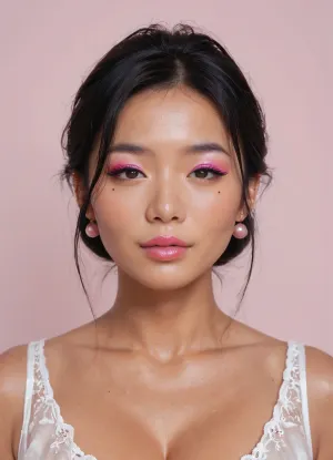 milf, Asian, black hair, pointy nose, pink lips, 55 years, pink eyeshadow, mole, seductive