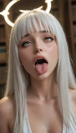 Medium Close, A girl, in a library in a white marble temple, extreme ahegao, extreme drooling mouth. BREAK., (She is a Extremely beautiful 19 y.o. caucasian girl Kalade. She has sweet angel face, ((shiny long white hair with, (hair bangs))), very thin eyebrows, golden Eyes rolling, (cross-eyed), medium breasts, big angel wings), . She is wearing a white túnica, plunging neckline, gold halo . extremely perfect face, detailed eyes, stunning beauty, photorealistic, HD, 4k, masterpiece. Pain., tongue, out, ahegao, drool, <lora:ahegao_sdxl_v4:2>