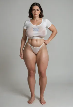 tall skinny pawg, ((soft saggy belly)), huge hips, huge thighs, muscular calves, ((huge saggy side set shaped breasts)), 40 year old milf, full body image, white wet panties, w3t, wet, tshirt, <lora:w3t_SDXL:.8>