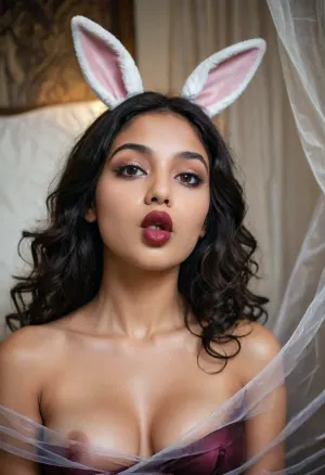 Realism, 1 indian 25yo, beauty full face, beauty black wavy hair, 1 girl, nude pussy, transparent silk sheet that wraps her in a spiral, dark lipstick, dark make-up, fit, a bunny huggs her, <lora:8_Lips:1.4>, <lora:Tail_Plug__SDXL:.8>