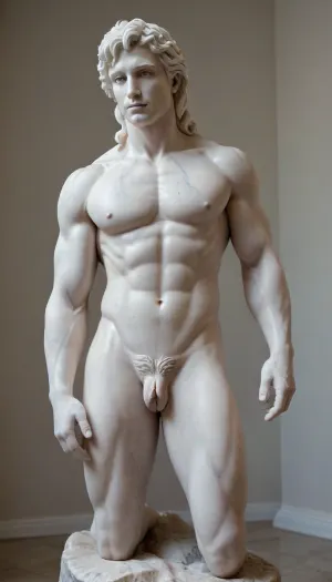 Porcelain statue of a naked man, stone hair, carved from marble, Male. Attractive. Statue. Male solo. Nude, White porcelain skin. Living statue. Erect cock. Rock hard. statpl, plstat, marblecarvingcd_xl, marble statue, bodybuilder statue, transformed into solid stone. Stone skin, marble skin., penis, in, the, style, of, MarbleStatueXL, <lora:Marble&stone statues-sdxl1.0:2>, <lora:marblecarvingcd_xl-000006:2>, <lora:xpenis-1.5e:1.1>, <lora:MarbleStatueXL:2>