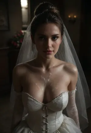 high resolution, high quality, closeup of face, well-lit beautiful 42 years old blonde woman, cum on face, (Hair up in elaborate bun:1.4), (((loads of thick visible cum on her face:1.6))), cum dripping from face, cum on cleavage, (standing model posing, (wedding dress:1.2), (white corset:1.2), (wedding veil:1.3), (white lace gloves), very cute, smile, out of focus colorful flowers in a romantic outdoor background, on, face, bukkake, cum), bukkake, woman, <lora:MS_Real_XL_Bukkake:2>, <lora:JustCum:2>, <lora:dark:.3>