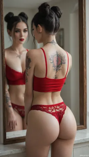 20 years old gothic woman. Tattooed. Black hair buns. Piercings. Big breasts. Cleavage. Wearing a red bellyshirt. Lipstick. Make up. European. Ass view in the mirror. Wearing red lace panties.