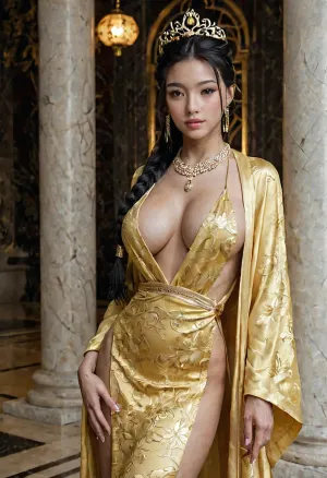 Princess Sun Lian, also known as Silk Fox from Jade Empire, revealed in her royal identity. Beautiful and regal young woman with slim, graceful build, long flowing black hair styled in elaborate braids and jeweled pins, piercing dark eyes, serene but confident expression, large bimbo breasts. Wearing elegant yellow Chinese silk robes, embroidered with dragons and lotus motifs, adorned with fine jewelry and a delicate crown. Standing in the grand imperial throne room with golden pillars, dragon statues, and glowing lanterns, soft light falling across her robes. Ultra-realistic wuxia-inspired fantasy art, highly detailed, cinematic lighting, majestic and dignified atmosphere.