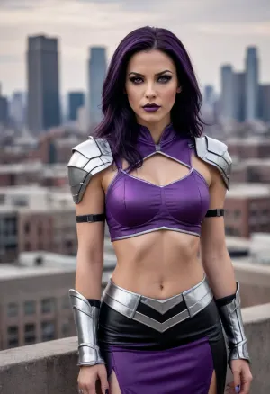 Female super villain, long black/dark purple hair, silver circlet with a purple gemstone, dark purple crop top, short tight dark purple pencil skirt, silver armor pieces, lavender lipstick, toned, athletic, intimidating, domineering, tanned skin, cityscape background
