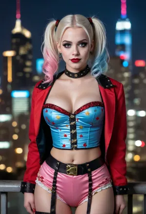 Female super villain, confident, platinum blonde hair styled into two high pigtails with pastel pink and blue tips, clown makeup, dark eye makeup playful/mischievous expression, bright red lipstick, revealing black and red corset-style top with star motifs, exposed midriff, matching black and red shorts, gold accents, studded belt, red and black jacket draped over her shoulders, cityscape background at night