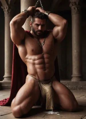 Gay men, Men only, Hyper-muscular very hairy hugely massive erect nipples, Roman general man, in red cape gold armbands gold Shining short chainmail ass cheeks show from underneath Shining gold chainmail MaleAssViewV2 holding raised arm of captured Man shaved-head bald gladiator slave, intense eye contact, oiled sweaty bodies, Slave only wearing Short brown dirty wrap loincloth ass on full show, dramatic palace interior lighting, erotic gay men domination pose.Dominant hairy bearded Roman general Man in flowing red cape gripping chain on wrists of submissive shaved-head muscular gladiator Slave just in cum soaked short loincloth, arms raised, hard bodies close, hard large cocks bulgeing, sweat glistening, ancient palace columns background, intense homoerotic tension.Intense gay erotic scene ancient palace, hairy muscular man in red cape holding both wrists above head of bald shaved-head submissive Slave, hard cock bulging in his loincloth dripping cum ass on full show, oiled skin dramatic lighting, passion and domination.ancient palace, Hyperealistc Photographic-style, Dynamic visuals, Cinematic lighting, deep shadows, @hrypctls1, hairy, chest, Slave has Cum soaked loincloth, only Roman general wearing red cape gold chainmail short wrap, zavy-rmn, gladiator slave arms up tide in chains, Roman general on knees sucking slaves cock deep-throating, kneeling general ass wide cock on floor pooling cum, <lora:bulgev1-beta:1.5>, <lora:dark:.4>, <lora:@hrypctls1.v1.concept.sdxl_epoch_3:1.5>, <lora:ancient_Roman_or_Greek_soldier:1.2>, <lora:zavy-rmn-sdxl:1.5>