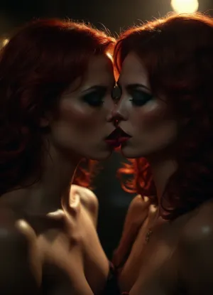 Stylized drawing of Two seductive women kiss and touch each other's body in a darkened room in a promiscuous nightclub. The first woman wears a devil's mask and has red hair. The second woman has dark, wavy hair. The setting is 1970s, chiaroscuro, <lora:dark:.2>, <lora:BUT_SDXL_SHS:1.2>