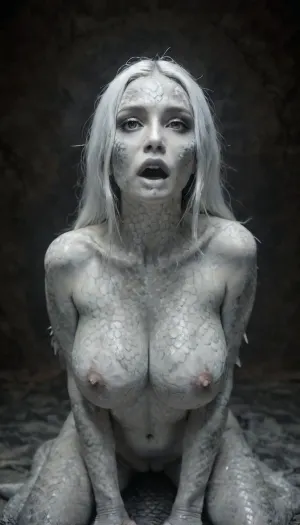 Naked woman with a lizard tail standing on all fours, completely covered in silvery scales, large breasts, her breasts are tight and hanging to the floor, the woman is naked on all fours. She has a lizard tail, the tail is as long as her body. The tail is raised up. It is covered with scales, the skin is covered with scales, the woman has scaly skin the scales are ashy silver, Artdrgn, <lora:SnakeSkinStyle:2>, <lora:SG2:2>, <lora:r3psp1k3s:2>, <lora:artfullyDRAGON-000008:2>, (han, yu, long, huang\), DragonCosplay, <lora:DragonCosplay_SDXL:.8>