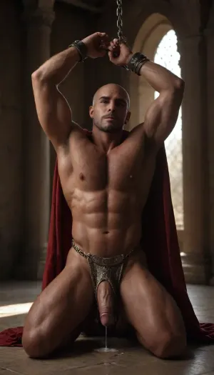 Gay men, Men only, Hyper-muscular very hairy hugely massive erect nipples, Roman general man, in red cape gold armbands gold Shining short chainmail ass cheeks show from underneath Shining gold chainmail MaleAssViewV2 holding raised arm of captured gladiator slave Man shaved-head bald gladiator slave, realistic facialexpressions realistic detailedeyes, oiled sweaty bodies, Slave only wearing Short brown dirty wrap loincloth ass on full show, dramatic palace interior lighting, erotic gay men domination pose.Dominant wrists of submissive shaved-head muscular gladiator Slave just in cum soaked short loincloth, arms raised above head chains tied around wrists, hard large cocks bulgeing, sweat glistening, ancient palace columns background, intense homoerotic tension.Intense gay erotic scene ancient palace, dramatic lighting, passion and domination.ancient palace, Hyperealistc Photographic-style, Dynamic visuals, Cinematic lighting, deep shadows, @hrypctls1, hairy, chest, Slave has Cum soaked loincloth, only Roman general wearing red cape gold chainmail short wrap, slave arms up tide in chains, ((Roman general kneeling in front of chained up gladiator slave, he is sucking slaves cock deep-throating cum dripping from mouth)), general kneeling cock deep in his mouth Chocking, His ass wide, cock hanging under gold chainmail on floor pooling in cum on floor, penis, red caped male General on his knees deep-throating gladiator male slave chained up, <lora:bulgev1-beta:1.7>, <lora:dark:.8>, <lora:@hrypctls1.v1.concept.sdxl_epoch_3:2>, <lora:ancient_Roman_or_Greek_soldier:.8>
