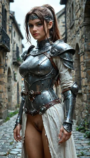 score_9, score_8_up, score_7_up, score_6_up, (beautiful 25 years young athletic female fantasy paladin), (shining holy aura around her body), medieval fantacy, adventurer, 25yo, (night:1.5), (high ponytail), (hairy pussy), (exposed:1.5), (large natural breasts), (front view), shining silver chain mail gauntlets, shining silver chain mail boots, shining silver chain mail pauldrons, shining silver chain mail armour corset, white thin cloth, (broken and destroyed armour), (ripped and torn clothes), shining silver headband, realistic detailed eyes, realistic detailed body, realistic detailed hair, realistic detailed face, realistic detailed breasts, action pose, hkstyle, detailxl, <lora:add-detail-xl:1.5>, <lora:style_lora_realis:.8>, <lora:hkstyleV5:.8>