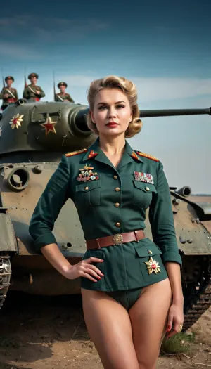 Extremely high-quality, highly detailed, cinematic photo, 8K, HD, a masterpiece., (((Female Russian Army Officer from World War II, (in front of a Russian Army T-34 tank))), masterpiece, very high quality, RAW image, expression of disapproval, (analog style, professional DSLR photography), very long black hair, hourglass figure, (open military shirt with tight collar and officer's hat:1.2), (no panties:1.2), shaved vagina, wide and huge hips, face, 8k uhd, dslr, high quality, detailed skin texture, (highly detailed hair), highly detailed body, (realistic), soft focus, (incredibly detailed), (very high quality), (skin pores, skin imperfections), high-resolution photography, exposed breasts, teardrop-shaped breasts, M-size breasts, breasts, MILFs, pose, dawma3, realistic photo, #TypicalSovietWoman, #woman, #retro, #USSR, #Moscow, highly detailed background, pin-up style, Soviet pin-up, very realistic woman, full body visible, 35 years old, beautiful pin-up style, night, best quality, perfect lighting, retro style, 8k woman, Russian woman, professional high-definition 8k photo shoot style, (((dark theme)))), 4rt_0f_w4r, Inglourious, Basterds, film, style, <lora:ArtOfWar-xl1024-v1a-0__4rt_0f_w4r:.5>, <lora:Inglourious Basterds film style:.4>