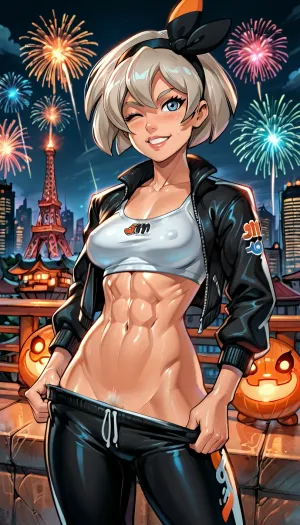 ((Bea from Pokemon)), reiq style, solo, close up, (petite), muscular, open black jacket, white sport's bra, medium breasts, (winking), grin, (pulling down sweatpants), pubic hair, suggestive, night, fireworks, outdoors, city, SamDoesArts, <lora:detailed_notrigger:1>, <lora:add-detail-xl:.8>, <lora:LCMTurboMix_Euler_A_fix:.8>, <lora:SDXLSamDoesArts:.5>, <lora:EnvyBeautyXL05:.3>