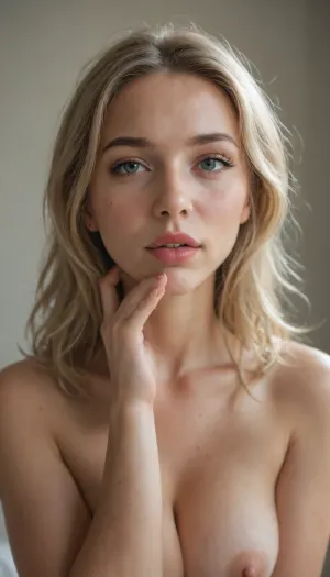 extremely flirtatious 19-year-old woman, fully nude, very pretty, very cute, very sensual, sensual mouth