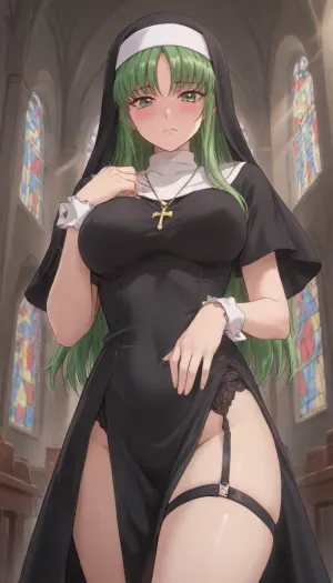 Anime girl, C.C. from Code Geass, very long flowing bright green hair, black nun habit, white collar and cuffs, tight black dress, extremely high-cut sides, revealing thighs and groin, large breasts, erect nipples visible through fabric, golden cross necklace, dominant pose, looking down at viewer, sultry and slightly disdainful expression, intense gaze, blush on cheeks, smooth plump thighs, black leather garter belt on right thigh, church interior background, stained glass windows, dark ambient lighting, (masterpiece), highly detailed, cinematic lighting, (from below), in the church, powerful stance., ((at night)), ., <lora:outline_xl_kohaku_delta_spv5x:1.3>, <lora:NEOTOKIOXL_0.2_RC:.7>, <lora:one breast out XL:2>, <lora:cartoon_stickers_xl_v1:.5>