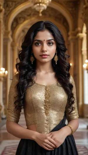 Super realistic, super quality, super detailed. Indian girl, 25 yo, hazel eyes, black wavy hair, in a rich old baroque palace, golden decoration, full body shot