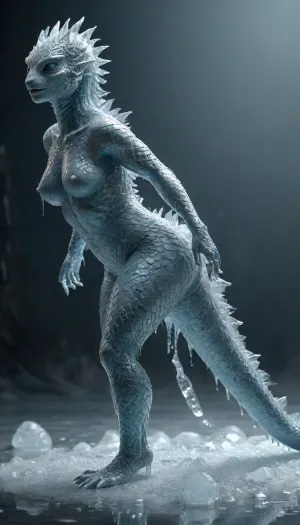 Ice Naked woman with a lizard tail standing on all fours, completely covered in silvery scales, large breasts, her breasts are tight and hanging to the floor, the woman is naked on all fours. She has a lizard tail, the tail is as long as her body. The tail is raised up. It is covered with scales, the skin is covered with scales, the woman ice has scaly skin the scales are ashy silver, (correct tail positioning), (no missing limbs), (han, yu, long, huang\), dragon, Ice_Water_Fantasy, <lora:ice_dragon_xl_v1:2>, <lora:hanyulonghuangXL:2>, <lora:Ice:2>, <lora:SG2:2>, <lora:Ice_Water_Fantasy:2>