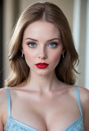 (27yo), , (tight face closeup, focus on eyes:1.8), , (mesmerizing pale blue eyes, shocking red lipstick, glistening lips, moist lips, flawless pale porcelain skin, limbal ring:1.6), , (alexdadd, alexandra:1.4), , (dark hair, long silky hair, elegant hair:1.2), , (cozy bedroom), , (oversized expressive eyes, innocent doe eyes, heart shaped face, high cheekbones:1.2), , (soft flirty smile, full lips, soft lips, cupid lips, cupid bow lips, leaning forward, blowing a kiss), , (huge breasts, soft breasts, cleavage, flattering dress:1.4), , (short depth of field, soft bokeh), , Stable-Yogis-Makeup-Enhancer-XL, <lora:alexdadd:1.6>