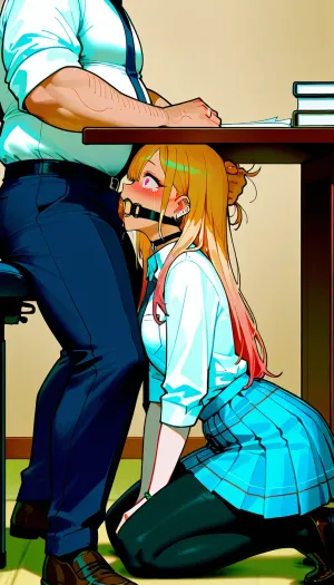 Kneeling, kitagawa marin, small breasts, grabbing hair, ring gag, implied blowjob, implied deepthroat, fat man, fully clothed, white collared shirt, pleated skirt, black pantyhose, tears, surprised expression, office, under table, male sitting