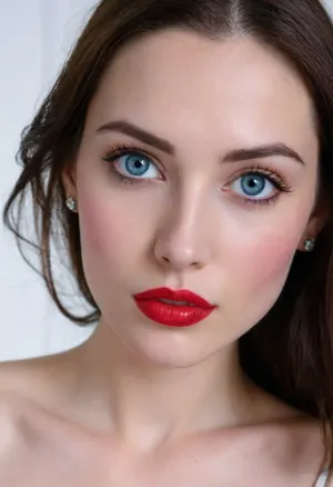 (24yo), (closeup, focus on breasts), (slender, skinny, tiny breasts, small breasts, pale breasts, puffy nipples:1.6), (mesmerizing pale blue eyes, shocking red lipstick, glistening lips, moist lips, flawless pale porcelain skin, limbal ring:1.4), (dark hair, long silky hair, elegant hair, strong dark eyebrows, sharp eyebrows:1.6), (cozy bedroom, coy pose, innocent seduction), (oversized expressive eyes, innocent doe eyes, delicate face, angular jaw:1.2), (soft flirty smile, full lips, soft lips, cupid lips, cupid bow lips:1.4), (shallow depth of field, soft bokeh, layered composition, analog lens), Stable-Yogis-Makeup-Enhancer-XL, detailed eyes, perfect eyes, freckles, natural skin texture, photorealistic, <lora:Nipples XL:.8>