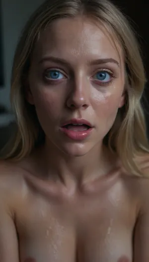 cute girl, cute young, little, pouring rain, raining, rain, nervous expression, ultra detailed, realistic skin, realistic detailed face, realistic detailed skin, masterpiece, perfect realism, perfect face, (blue eyes:1.5), (hypnotic eyes:1.5), 8K, extreme realism, maximum detail, detailed skin, realistic nipples, looking_at_viewer, navel, uncensored, Heavy_Rain, verry sad, Female_in_pain, eyes, closed, ruined, makeup, screaming, biting, lips, platinum blonde, pale, naked, standing, natural breasts, slender, full view, arms out, legs apart, shaved pussy, shy, sad, very, ww2, style. woman is looking hypnotized and rolling eyes up