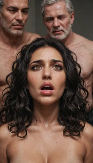 Super realistic, super quality, super detailed. Indian girl, 25 yo, hazel eyes, raven black wavy hair, soft body, small tits, ten 80 years old men are raping her in a group fuck, her holes are very gaped, she scream in pain, agony, anguish, anxiety, depression, despair, grief, pain, sadness, stress, suffering, <lora:Lamentations-000016:1.7>