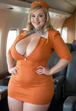 (close-up portrait, candid picture), Plus-Sized Model, very cute and curvy 20 year old 1960s flight attendant posing sexy, wears flight attendant dress, neckerchief, hat, glimpse of lacy bra, standing in a 1960s airliner, orange Grey dress, Blazer, pretty eyes, naked, tall, (large natural breasts), fair skin, sandy blonde hair, wide hips, plump ass, fat plump body, (bbw:1.1), soft luscious lips, flirty smile, beautiful face, full body view, fat arms, photographic, high quality, huge, gigantic, hips, thighs, wide, thick, plump, belly, female, arms, extra, <lora:Venus_Body_Alpha:.2>
