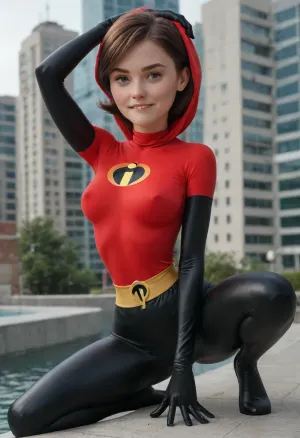 Helen Parr from Incredibles, 18 years old, beautiful face, ((spider-girl outfit)), outfit has hood and gloves, (very narrow waist:1.4), athletic body, skinny body, petite, erect nipples, (dynamic pose:1.4), arched back, hand on crotch, (horny eyes), (biting lip:1.5), bright sunshine, roof of modern high building, crouching, side view