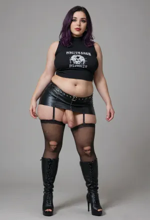 tall chubby plump bbw woman, 50 years old, large soft plump belly, goth, long straight purple hair, wearing a black cordet, black mini skirt, ripped fishnet stocking, supender belt, knee high high heel boots, erect-futa, erect-penis, woman, testicles, erection, <lora:SDXLlora13ErFut:1.3>