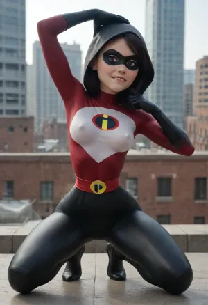 Violet Parr from Incredibles, 18 years old, beautiful face, ((spider-girl outfit)), outfit has hood and gloves, (very narrow waist:1.4), athletic body, skinny body, petite, erect nipples, (dynamic pose:1.5), arched back, armpit, hand on crothch, (horny eyes), (biting lip:1.5), bright sunshine, roof of modern high building, crouching, side view