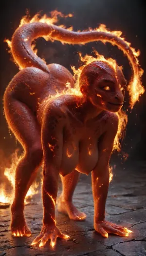 Fire Naked woman with a lizard tail standing on all fours, completely covered in silvery scales, large breasts, her breasts are tight and hanging to the floor, the woman is naked on all fours. She has a lizard tail, the tail is as long as her body. The tail is raised up. It is covered with scales, the skin is covered with scales, the woman fire has scaly skin the scales are ashy silver, (correct tail positioning), (no missing limbs), (han, yu, long, huang\), (han, yu, long, huang\), fire, that, looks, like..., firecd_xl, ral-embrglt, <lora:SG2:2>, <lora:Aether_Fire_v1_SDXL_LoRA:2>, <lora:firecd_xl-000017:2>, <lora:ral-embrglt-sdxl:2>, DonMF1r3y4by55XL, <lora:DonMF1r3y4by55XL:.8>