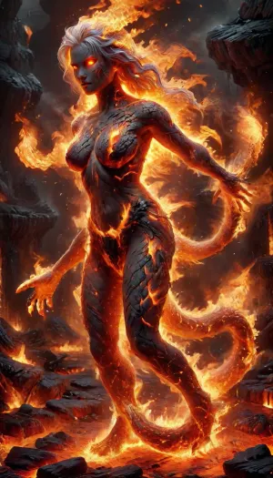Fire Naked woman with a lizard tail standing, completely covered in silvery scales, large breasts, her breasts are tight and hanging to the floor, the woman is naked. She has a lizard tail, the tail is as long as her body. The tail is raised up. It is covered with scales, the skin is covered with scales, the woman fire has scaly skin the scales are ashy silver, (correct tail positioning), (no missing limbs), (han, yu, long, huang\), fire, that, looks, like..., firecd_xl, ral-embrglt, <lora:SG2:2>, <lora:Aether_Fire_v1_SDXL_LoRA:2>, <lora:firecd_xl-000017:2>, <lora:ral-embrglt-sdxl:2>, DonMF1r3y4by55XL, <lora:DonMF1r3y4by55XL:.8>