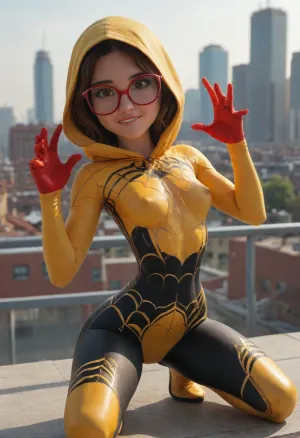 Honey Lemon from Big Hero 6, 18 years old, beautiful face, ((spider-girl outfit)), outfit has hood and gloves, (very narrow waist:1.4), glasses, athletic body, skinny body, petite, erect nipples, (dynamic pose:1.4), arched back, hand on crotch, (horny eyes), (biting lip:1.5), bright sunshine, roof of modern high building, crouching, side view