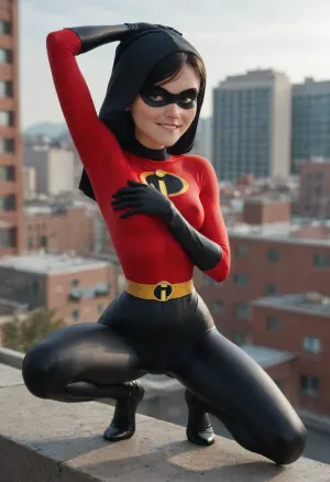 Violet Parr from Incredibles, 18 years old, beautiful face, ((spider-girl outfit)), outfit has hood and gloves, (very narrow waist:1.4), athletic body, skinny body, petite, erect nipples, (dynamic pose:1.4), arched back, hand on crotch, (horny eyes), (biting lip:1.5), bright sunshine, roof of modern high building, crouching, side view