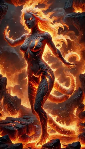 Fire Naked woman with a lizard tail standing, completely covered in silvery scales, large breasts, her breasts are tight and hanging to the floor, the woman is naked. She has a lizard tail, the tail is as long as her body. The tail is raised up. It is covered with scales, the skin is covered with scales, the woman fire has scaly skin the scales are ashy silver, (correct tail positioning), (no missing limbs), (han, yu, long, huang\), fire, that, looks, like..., firecd_xl, ral-embrglt, <lora:SG2:2>, <lora:Aether_Fire_v1_SDXL_LoRA:2>, <lora:firecd_xl-000017:2>, <lora:ral-embrglt-sdxl:2>, DonMF1r3y4by55XL, <lora:DonMF1r3y4by55XL:.8>