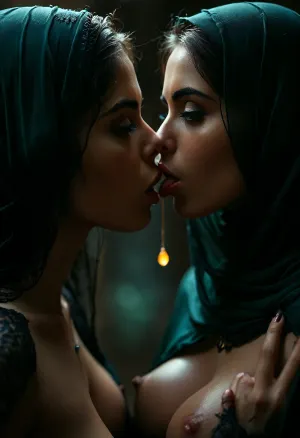 (full body view), 2girls, intimate, forbidden, romantic, erotic, sensual, lesbian kissing, horny, 25yo Persian woman, face-covered, beautiful, dark Persian skin tone, bright piercing blue-green eyes, wears a black burkha, large teardrop-shaped breasts, wide darke areola, long erect nipples, licking, each, other's, tongues, kissing, other, on, the, lips, <lora:Super_Eye_Detailer_By_Stable_Yogi_SDPD0:.5>, <lora:DetailedEyes_V3:.9>, <lora:dark:.4>, <lora:MJ52:.8>, <lora:kissing_v2:.8>