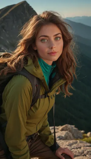 woman, shot in 4k, professional photography, highly detailed, ((wild untied hair with sidelocks), , , dressed cute tall tall brown hiking clothes, ((hiking pants)), , , ((open hiking jacket)), , , gymnastic body, medium bobs, lots of freckles face and skin, very hard blush on the checks and nose, raised nasal tip, cute tall tall smile, hypnotized loving eyes, sunbeams, sunrise, hard shadows, ((blushing)), , , (long hair), , , (brown hair), , , (intense big green eyes), , , (mountain climber), , , (heart shaped lips), , , very wide mouth, voluminous hair:1.2), masterpiece, 4k, best quality, anime art, (anime art:.1)