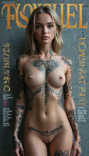 A 18 year old woman with blonde hair in long messy strands, completely naked, skinny eyebrows, (freckles), slim body, pink lipstick, big green eyes, innocent eyes, very sweaty, glistening, dazed look on her face, medium breasts, B cup breasts, head tilted back in pleasure, ((tattoos cover her entire body:1.9)), sweet face, white tan lines, color tattoos, tattoo, tattoo on lower hip, petite, pretty, perfect face, cute, young petite body, beautiful face, confused look on her face, cross necklace hanging low, lots of freckles, grool dripping down her groin, ((grool everywhere:1.6)), c hyperrealism. 4k. HD, (pussy showing), hyper realistic detailed pussy, thigh gap, in a bedroom with natural lighting, <lora:MJ52:2>, <lora:SdXL_better freckles_epoch_16:2>