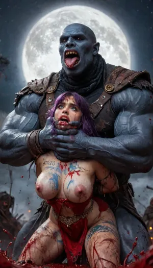 (Vampirella:1.12), Vampirella wearing classic suit, female drow elf barbarian, (dark night blue skin:1.98), tall, angry, busty, curvy, thin waist, big boobs, big butt, slim, fit, vitiligo, strong, fur pelt armor, dungeons and dragons, purplish blue skin, black and purple hair, Dark, Elf, Warrior, Drow, tattooed, scarred, purple eyes, blue skin, amazon, giant, fur barbarian armor, bloody, blood spatter, bear, bear heart, (in a bloody filed after a battle, white full moon in the sky:1.4), (man is choking her from behind:1.4), ((hogtied, bound with large chains, tied to a torture table:1.3)), cock in mouth, (brutal face fuck), Blowjob, (tears in eyes:1.5), (running makeup), (cum drips from nose:1.3), (cum drips from mouth:1.3), ultra hd, photorealistic, hyper gigantic large black cock in mouth, (((hyper gigantic large black cock in mouth:1.3))), oral cream pie, hair grab, sad, sad crying, tongue out, gasping for air, zavy-brbrn, gangbang, double anal penetration, anal spitroast, groupsex, deepthroat, (4 gigantic African black brute thug, huge trunklike arms, huge head, hyper muscular body, dressed in slave clothes:1.32), ((hogtied, bound for sex, tied up)), (eyes wide open in horror:1.72), (wide mouth spreader:1.8), (pleading expression:1.56), (terrified:1.48), (crying:1.48), (fear and panic:1.56), (pulled nipples:1.2), nipple clamps, (((spitroast))), (((hyper large cock in mouth:1.3))), shocked, deep anal penetration, Uber realistic, 8k, ultra detailed, masterpiece, arched back, detailxl, 35mm photograph, film, professional, 4k, 1girl, 5 boys, hdr, photographic, ultra realistic, ultra high details, back light, gargantuan black cocks, anal sex expansion, large hyper muscular fat old men, (double anal sex), swollen white veiny cocks, (double anal penetration), hardcore double penetration, proper physics, big white cocks, muscular white double anal gangbang, (forceful penetrations), extremely graphic, shocked expression, beautiful hands, massive cum in ass, defeating a woman in combat, fighting, killing, blood, winning fight, magazine cover, Realism_Quality_2xx_By_Stable_Yogi, score_9, score_8_up, score_7_up, (((very pretty face:1.3))), (((extremely ultra detailed face:1.3))), perfect fingers and hands, upper body view, (extreme size difference:1.6), (ultra realistic), (maximum quality), (high resolution), (extreme detail), (ultra realism), UHD, super high quality, highly detailed, high resolution, perfect lighting, natural lighting, (dynamic pose), (dynamic angle), (random angle), (random pose), (dynamic view), (random view), best quality, volumetric lighting, golden hour lighting, dramatic shadows, rich details, nature-inspired color palette, (below view:1.45), (side view:1.12), <lora:Dark_Elf_Warrior:2>, <lora:Drow:2>, <lora:zavy-brbrn-sdxl:2>, <lora:LCMTurboMix_Euler_A_fix:2>