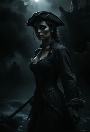 A highly detailed, photorealistic depiction of a 14th-century pirate ghost captain, ethereally glowing with a mystical blue aura. She is half-translucent, gracefully blending the ghostly and the human, yet retaining her commanding presence and timeless allure. Her attire is tattered and ancient, reflecting the wear of centuries, with pirate elements like a sabre and a pirate hat. Surrounding her is her ghostly crew, also glowing with the same blue light, working to keep the ship afloat. In the background, the ghost ship itself is revealed, weathered and broken, with torn sails and a battered hull, navigating through a turbulent sea under a stormy sky. The entire scene captures the haunting beauty and eerie atmosphere of a ghost pirate ship, with the focus on the captain’s spectral elegance and the ship’s decrepit grandeur, random view angle, huge explosion in background shines brightly the body of the sexy pirate, wet, wet clothes, wet skin, wet hair, PiRe, Explosion, Artstyle, <lora:MJ52:.5>, <lora:dark:.1>, <lora:Explosion Artstyle - Trigger is Explosion Artstyle:1.1>, modern-werewolf, <lora:Modern_Werewolf:.8>, Black, and, white, art, black, pencil, shading, charcoal, drawing, toned, paper, brutal, dark, b/w, color, scheme, <lora:Black and white art.V1:.8>