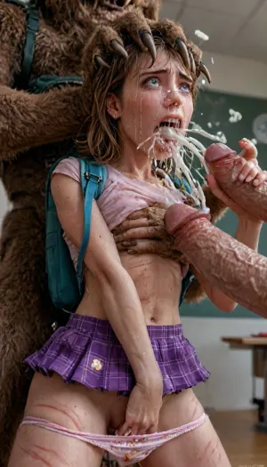 close up, detailed and infocus face, (cum explosion from nose:1.64), (cum explosion from mouth:1.85), kneeling in the library, she looks up at the beast., (The beast’s claw is visible grabbing her head:1.6), ., Daphne Blake has a very thin and slender body, narrow waist, (athletic round ass in a plaid mini_skirt:1.4), (panties down to pussy:1.3), lighting on the body, oil shine, (firm round buttocks:1.6), teеnage smooth-shaven and a wide-open pussy, (detailed glute curves:1.2), (slender teеnage waif-like figure:1.3), (carrying princess_print backpack:1.7), (frontside viewer view:1.7), (classroom:1.4), (high contrast:1.7), (short hair:1.3), (close view:1.4), (cute body:1.7), (hyper massive cock:1.2), of the beast is to big for her little mouth, impossible fit in mouth, looking up, (trying to fit in her mouth the massive cock:1.12), (Tears:2), (bukkake:1.12), (handjob:1.5), above view, cum in mouth, cum on forehead, cum on cheeks, porn photoshoot, (huge dick), (creamy deep deepthroat:1.12), (extreme oral sex:1.4), (huge massive white dick:1.4), (cum), (hands holding hair), (huge dick:1.4), (bukakke), (cum in face, cum on body), (covered in cum), UHD, 8k wallpaper, (maximum quality:1.5), (ultra high resolution:1.7), (masterpiece:1.2), (full body view), award winning photo, (Extreme:1.5), (insanely detailed:1.9), (realism:1), (realistic:1.7), (hdr:1.4), hyper-detailed realistic body, hyper-detailed realistic face, (warm ambient light:.5), (dark shadows:1.4), on hands and knees, 10 black equine cocks cumming, receiving a non-consensual deep deepthroat and bukkake blowbang, her cheeks are tear-stained, crying, running makeup, sweaty skin, (excessive cum:1.12), (cum on face), (cum on body), (Cum in hair), photorealistic cum, thin runny cum, thick chunky cum bukkake, unwanted bukkake, 4boys, 5boys, 6+boys, multiple black men, Transparent Liquid, gangbang, orgy, penis, cum, cumbath, black_dicks_everywhere, drooling cum, multiple black cock cumming on face, drenched in cum, 10 black cocks surrounding face, 10 massive black cocks, 10 equine cocks, pony cocks, contrasting shadows, ultimate realistic 3d rendering perfection, cinematic photography, cinematic lightning, professional depth of field, 3-point lightning, sharp eye focus, (full frontal), night time, (volumetric lighting), professional photographer shot on kodak, 35mm photo, sharp focus, high budget, cinemascope, 100 mm lens, 1/250 s, f/2.8, ISO 300, (very low view:1.21), (extreme size difference:1.12), (eyes wide open in horror:1.158), (wide mouth spreader:1.18), (pleading expression:1.54), (terrified:1.58), (crying:1.98), (fear and panic:1.58), ((screaming in pain:1.46)), (huge dick:1.18), (whip marks:1.68), (whipped tits:1.67), magazine cover, <lora:detailed_notrigger:2>, <lora:Dark_Elf_Warrior:2>, <lora:LCMTurboMix_Euler_A_fix:2>, <lora:photorealistic_portrait_notrigger:2>, <lora:JuggerCineXL2:2>