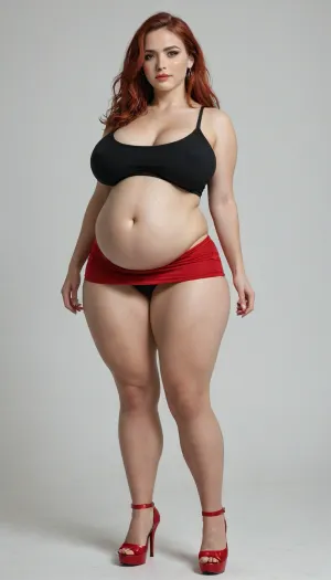 very tall bbw pawg, huge hips, huge thighs, very thin waist, pregnant, ((extra saggy east west type breasts)), very long red straight coloured hair, legs wide apart, very huge huge soft flabby belly hanging down between her legs, doing star jumps, wearing high heels, wearing tight red mini dress